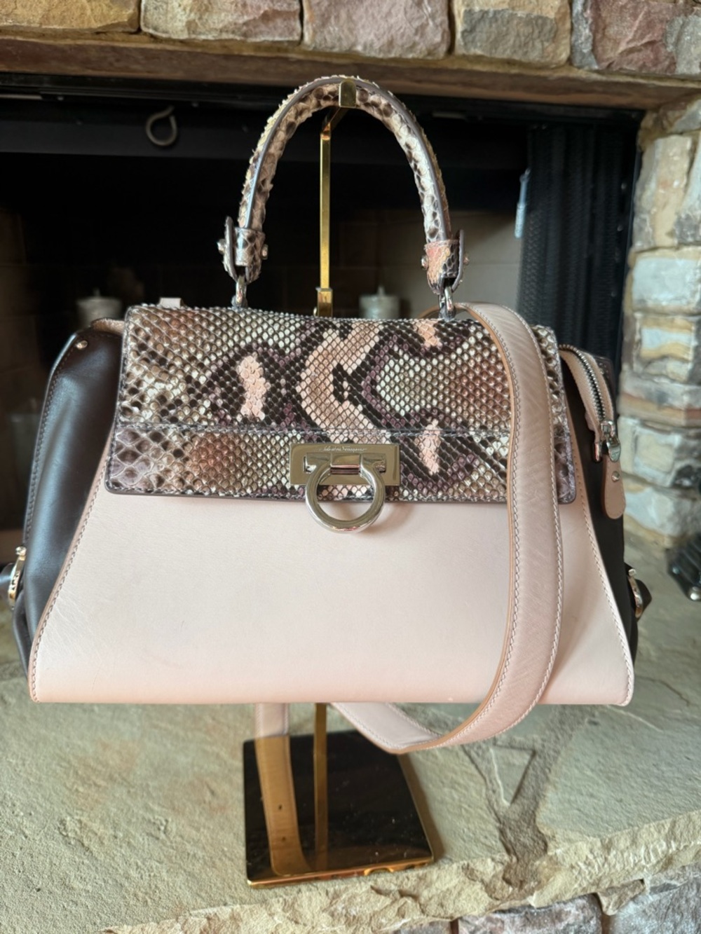 Top-Handle Women’s Satchel with Python Trim